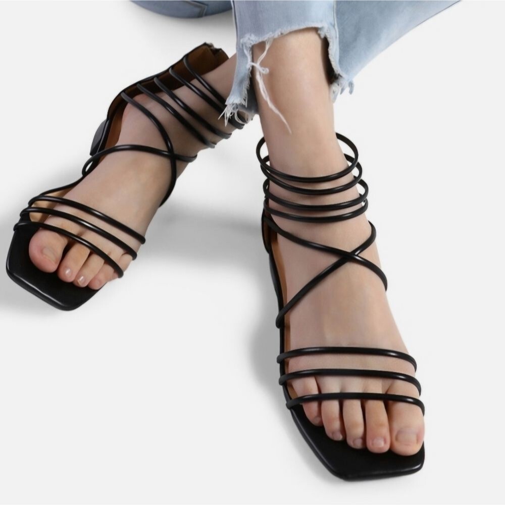 Strappy Black Shoes Women's Size 7 Summer Sandals, Dream Pairs, Square Toe NEW
